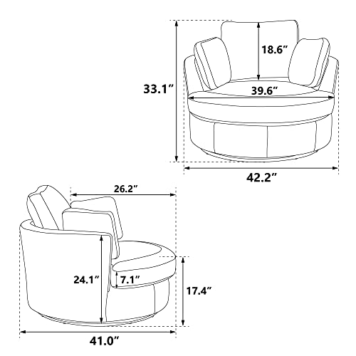 42.2" W Oversize Round Chair, 360 Degree Chenille Swivel Accent Barrel Chair with 3 Pillows for Bedroom Living Room Lounge Hotel (Beige)