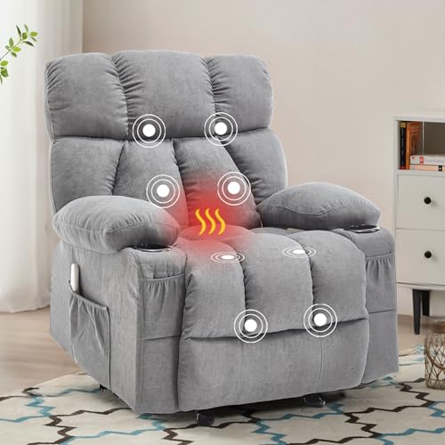 Massage Rocker Recliner Chair with Heat and Vibration Ergonomic Rocking Lounge Chair for Living Room Comfy Overstuffed Recliner with 4 Side Pockets,2 Cup Holders, USB Charge Port, Grey