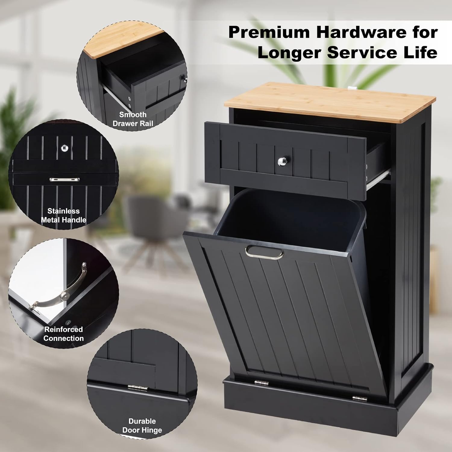 Tilt Out Trash Can Cabinet 10 Gallon, Kitchen Freestanding Wood Recycling Trash Cabinet with Drawer & Cutting Board, Pet Proof Hidden Garbage Bin Holder for Home Laundry Bathroom, Black