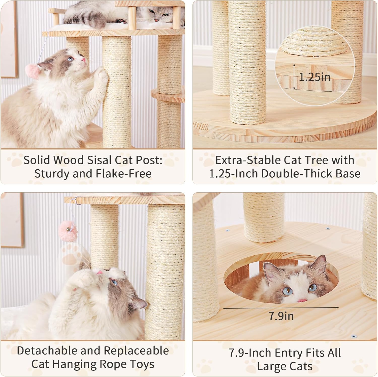 52" Modern Cat Tree Tower for Indoor Cats, Solid Pine Cat Scratching Tree for Multiple Large Cats, Wood Climbing Tower Hammock Post, Unique Design, Easy Clean
