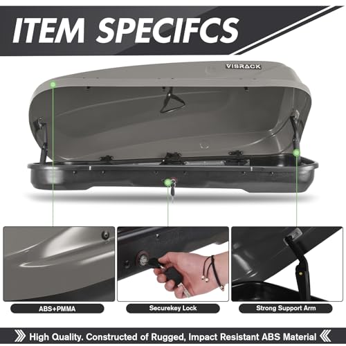 Hard Shell Roof Cargo Box, 13 Cu.Ft Gray Car Roof Top Cargo Carrier with Lock, Dual-Side Opening Luggage Storage Box, 56"x30"x13.7", Fits Most Crossbars, Tool-Free Install