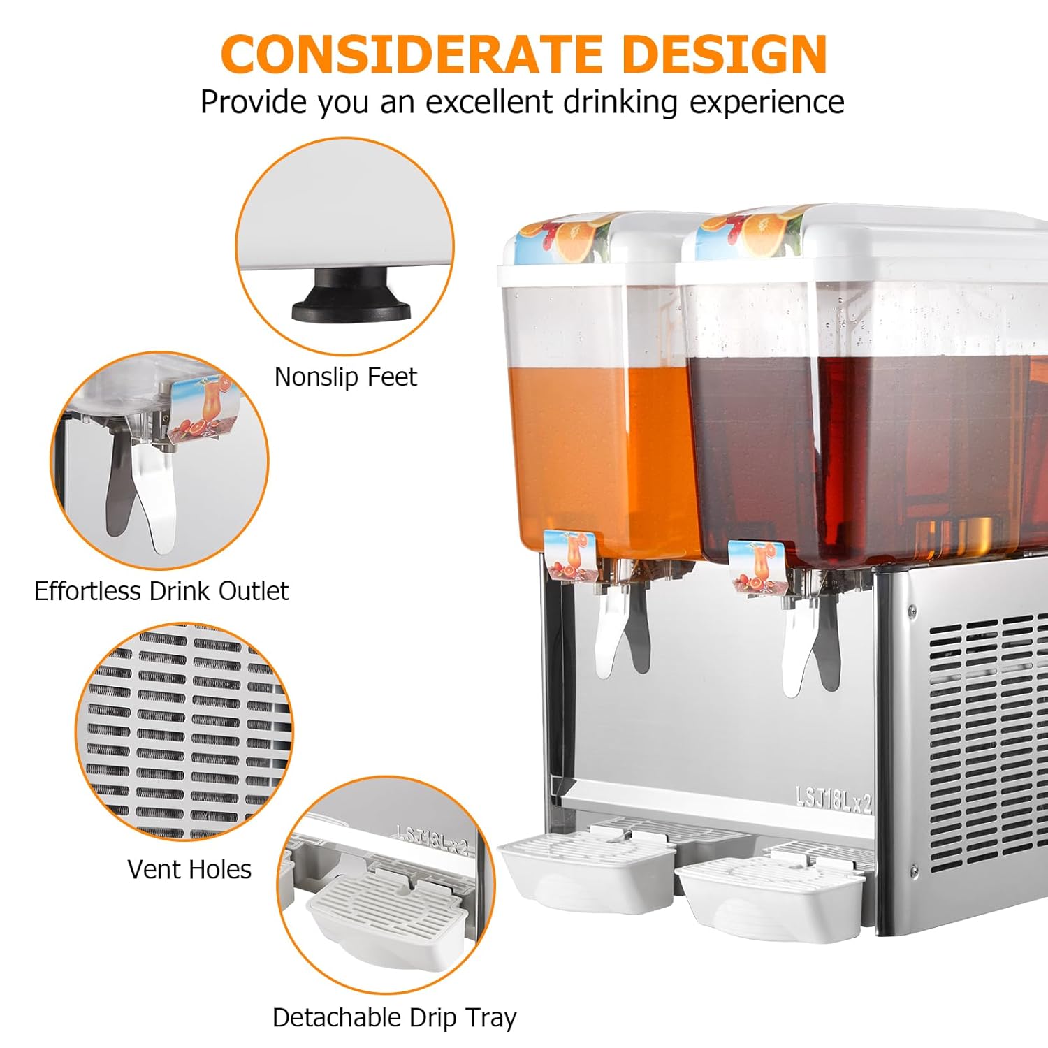 Commercial Beverage Dispenser, Garvee 2 Tanks 9.5 Gallon 36L Commercial Juice Dispenser, 18 Liter Per Tank, 280W Stainless Steel Food Grade Ice Tea Drink Dispenser with Thermostat Controlle