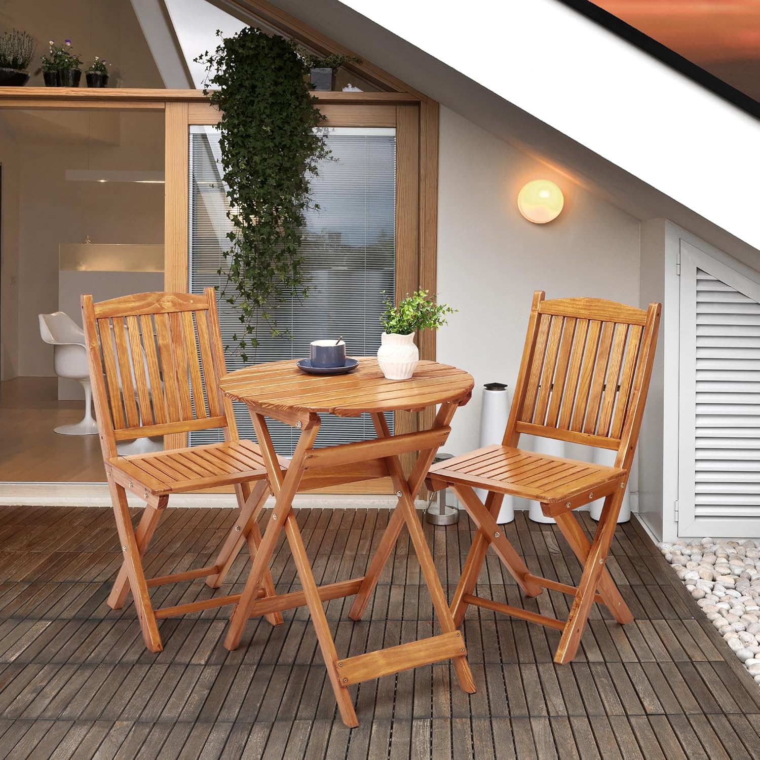 3Pcs Patio Bistro Set, Wood Folding Table Set, Outdoor Furniture Round Table for Garden Yard, Casual Bistro Table and Chairs Set of 2 for Condominium Pool Front Porch Beach, Wood