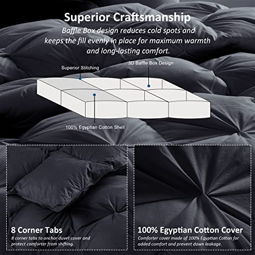 Luxurious All-Season Goose Down Feather Fiber Comforter Queen Size Duvet Insert, Premium White Solid Plain Design, Premium Baffle Box, 100% Egyptian Cotton, 70 oz Fill Weight