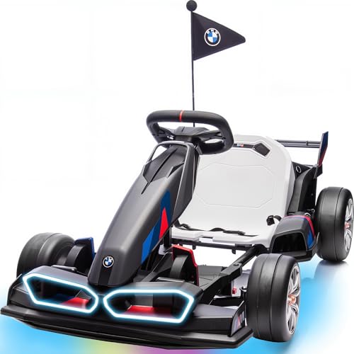 24V 9AH Electric Go Kart with Adjustable Seat, 7.5 MPH Drift Kart for Kids Age 6-12, 2 * 200W Motors, Drift Mode and 2 Speed, Licensed BMW (Grey)