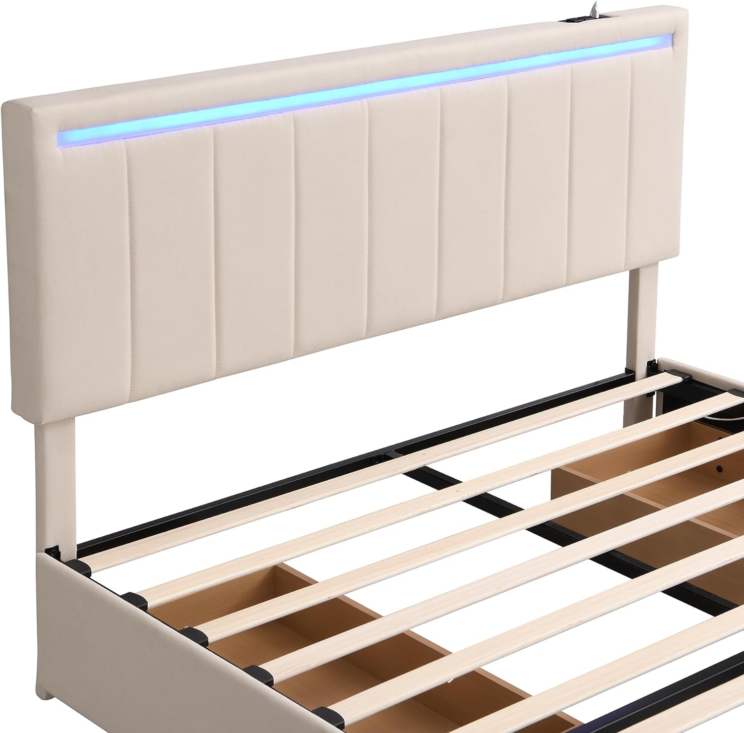 Queen LED Bed Frame With 4 Storage Drawers And USB Ports ,Modern Platform Bed Frame With LED Headboard And Footboard ,Linen Upholstered Storage Queen Bed,No Box Spring Needed,Beige
