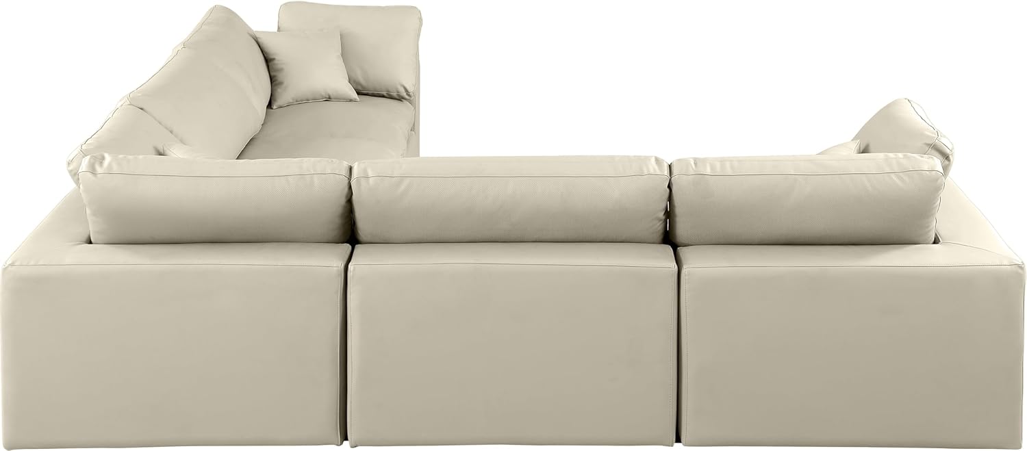 Meridian Furniture Comfy Collection Modern | Contemporary Upholstered Modular Sectional, Soft Vegan Leather, Fiber-Filled, 120" W x 120" D x 35" H, Cream