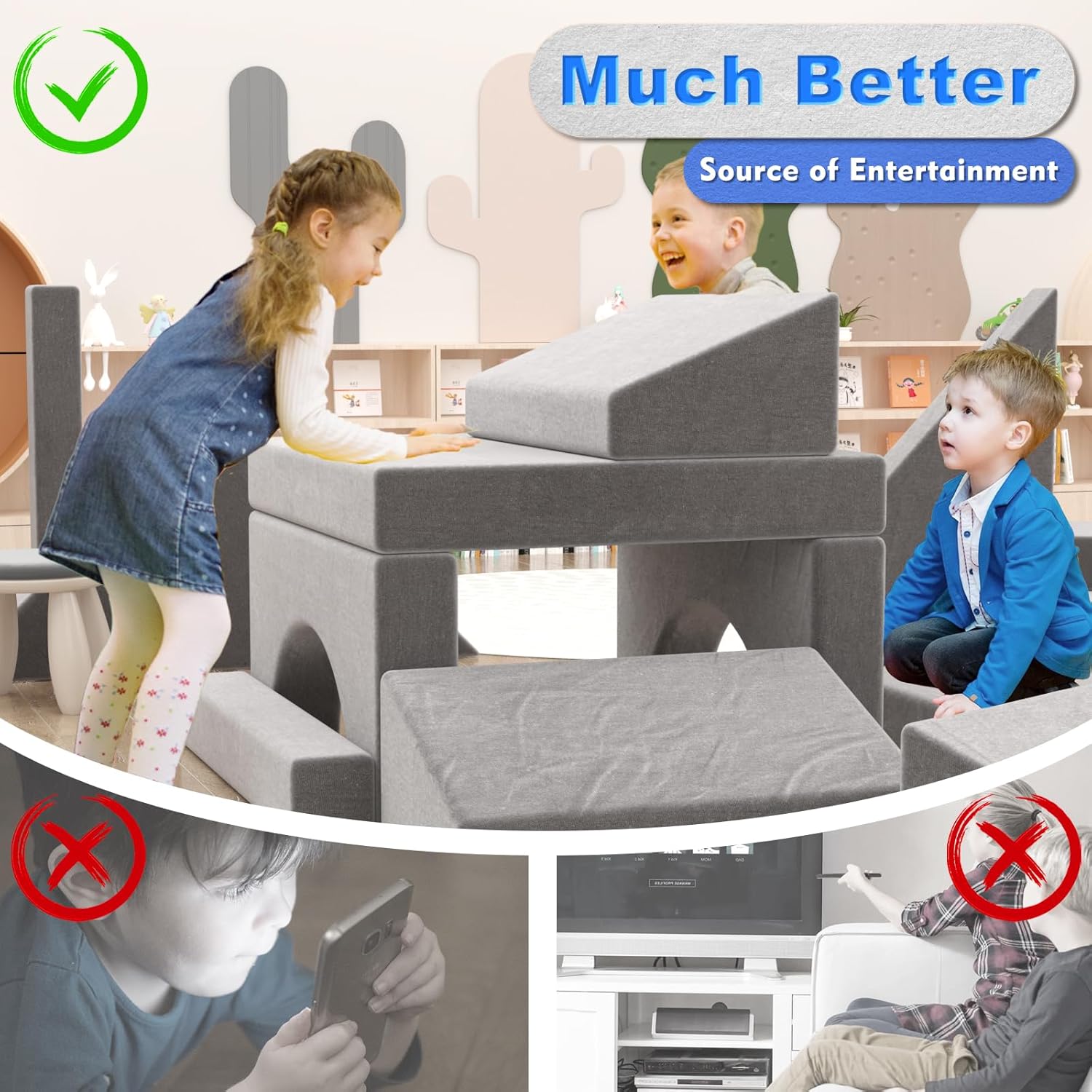 Kids Nugget Couch, 15PCS Certified Modular Nugget Couch Kids Play Couch, Child Sectional DIY Sofa Couch for Playroom Bedroom Living Rooms, Convertible Foam and Floor Cushion for Gift