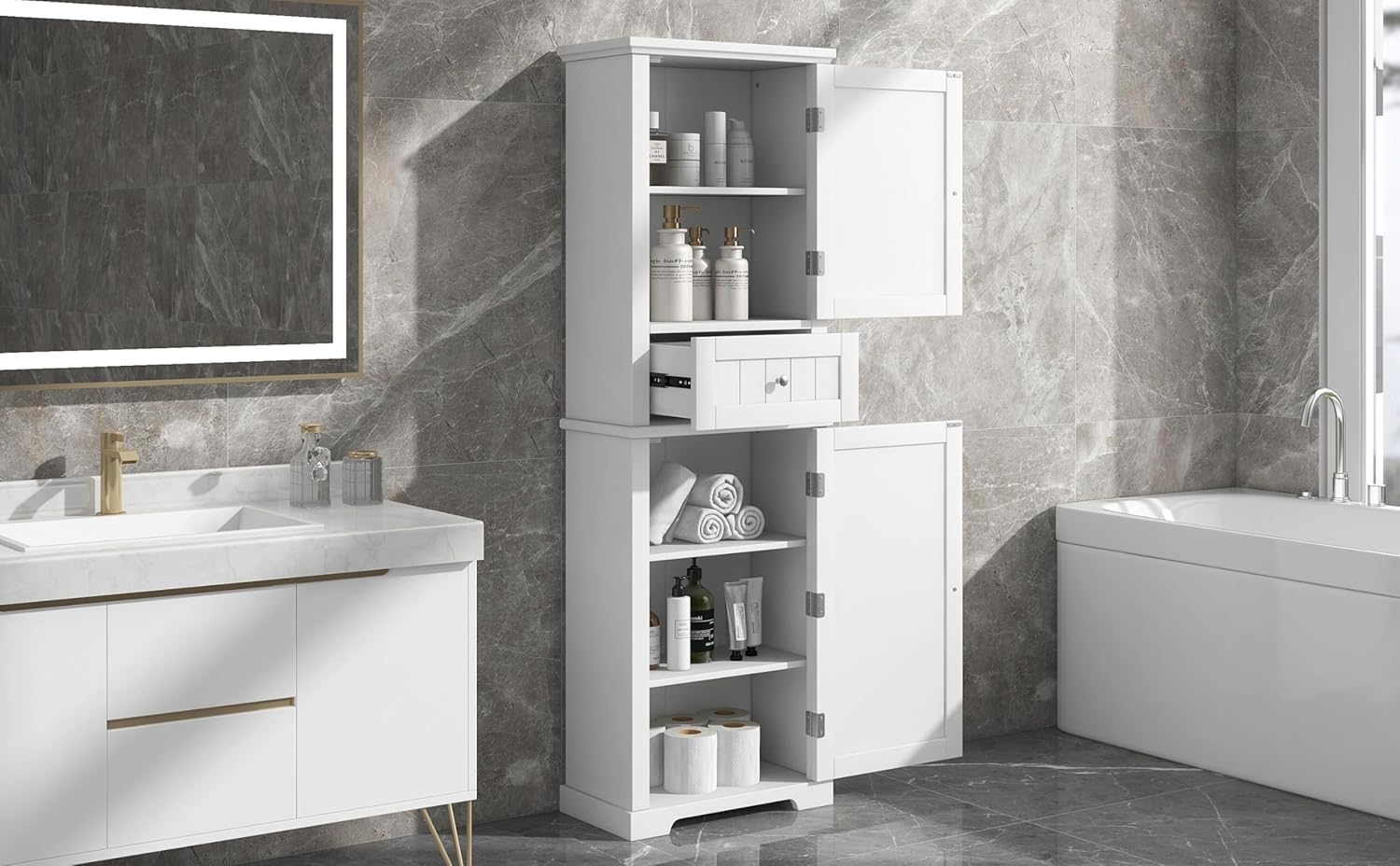 DofFo 67.3“ Tall Linen Bathroom Storage Cabinet, Modern Linen Cabinet Freestanding with 2 Doors and 1 Drawer, Bathroom Organizers Storage, Shelves for Bathroom, Living Room, Anti-Tipping, White