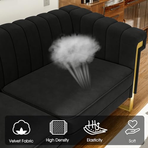 83" Modern Luxury Velvet Couch Comfortable 3 Seater Tufted Sofa Comfortable 3 Person Fashion Couches Solid Wood Frame Metal Legs for Living Room Office Playroom Furniture (P82-Black)