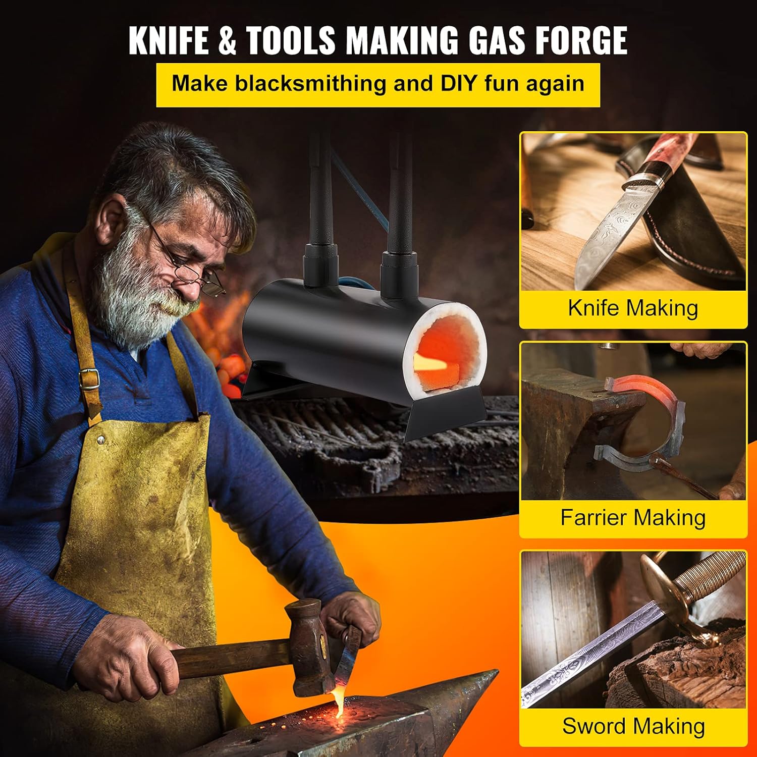 VEVOR Propane Knife Forge, Blacksmithing Forge with Dual Burners, Portable Propane Forge with an Open Structure, Large Capacity Farrier Forge, Round Propane Burner Forge for Knife and Tool Making