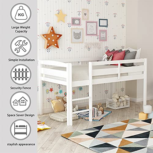 Bellemve Low Loft Bed Twin Size Wooden Loft Bed Frame with Ladder Compatible with Girls Boys Teens, White,bed frame