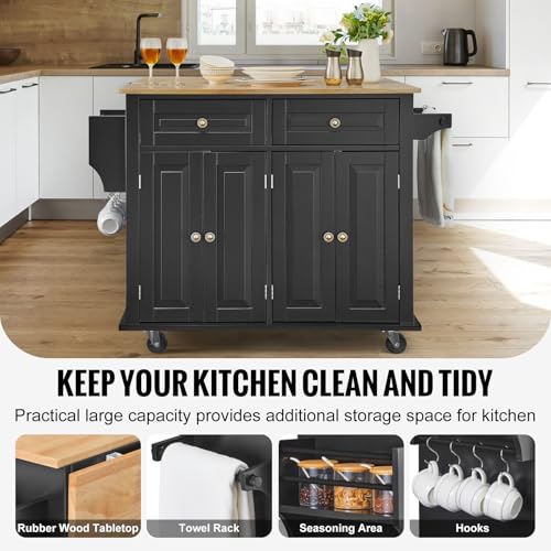 VEVOR Kitchen Island Cart with Solid Wood Top, 35.4" Width Mobile Carts with Storage Cabinet, Rolling Kitchen Table with Spice Rack, Towel Rack, and Drawer, Portable Islands on Wheels, White