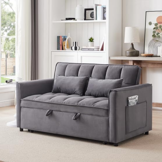 LUMISOL 3 in 1 Sleeper Sofa Couch Bed with Pillows, 55.1” Velvet Convertible Double Sofa Bed with Adjustable Back and Storage Packets, Pull Out 2-Seater Sleeper for Living Room, Blue