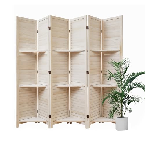 Room Divider with Shelves, 5.6 Ft Tall Folding Wood Screen with Double Hinges for Home Office Bedroom Hotel Decoration (6 Panels, Brown)
