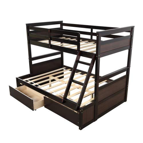 Twin Over Full Bunk Bed with Ladder, Solid Wood Bunk Beds Twin Over Full Size with Guardrail, Twin Over Full Bunk Bed Frame, Can Be Separated Into Twin/Full Size Bed, No Box Spring Needed (Gray)