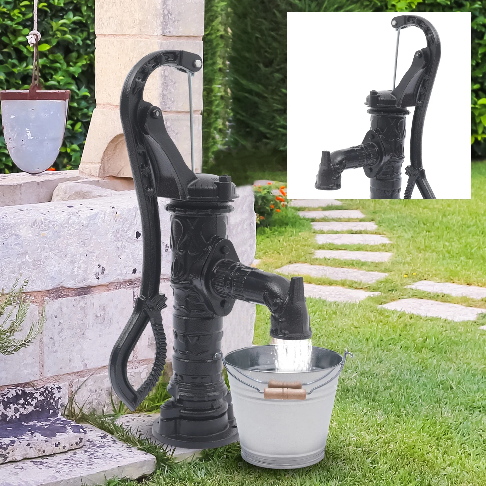 Miumaeov Hand Water Pump Cast Iron Well Water Pitcher Press Suction Outdoor Yard Ponds Garden 19.69ft Suction Range for Farm Irrigation Water Flowers