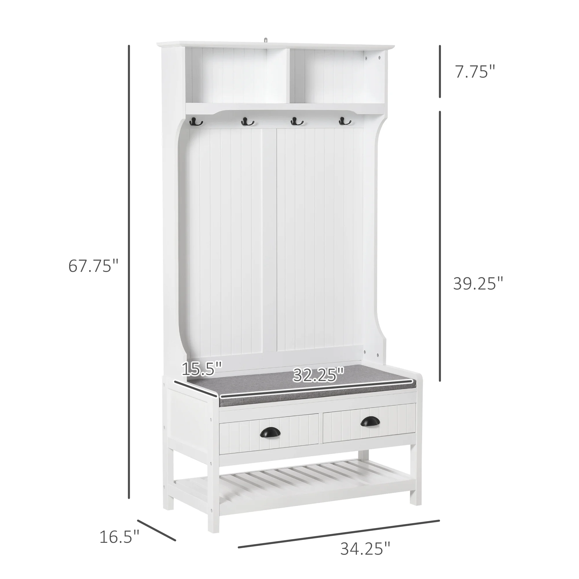 HOMCOM Hall Tree, Coat Rack and Bench Seat with 4 Hooks, 2 Drawers, White