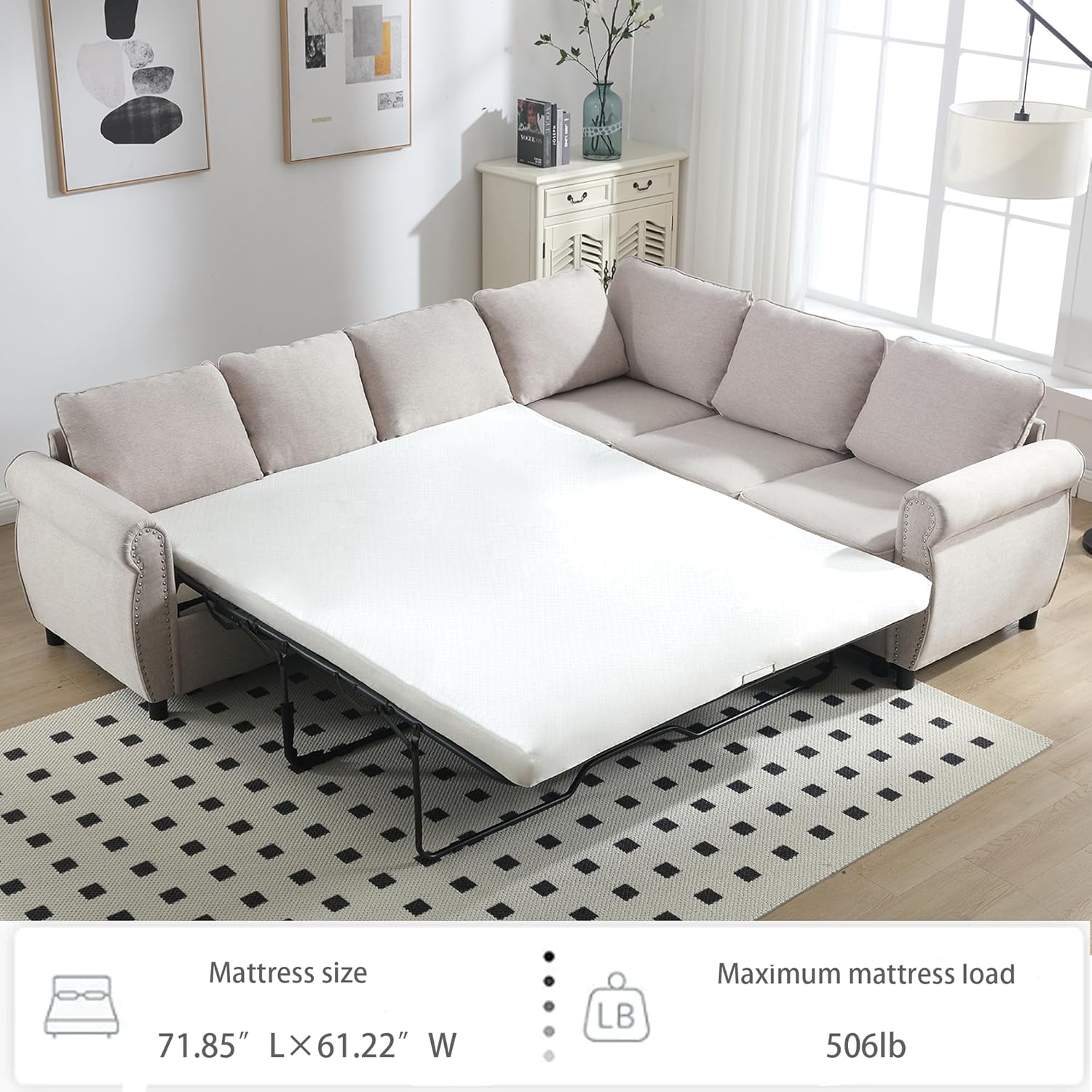 Modular Sectional Sleeper Sofa Couch with Pull Out Bed, 6 Seater Sofa Bed, Convertible L Shaped Sectional Couch for Living Room, Comfy Couch for Apartment, Studio, Office, Home Furniture, Beige