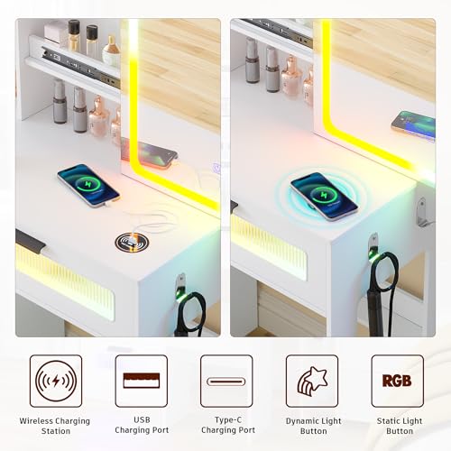 Vanity Desk with Mirror and Lights, RGB LED Makeup Vanity Desk with Charging Station, Vanity Table with Stool & Sliding Touch Mirror, Girls Vanity Set with 5 Drawers (White)