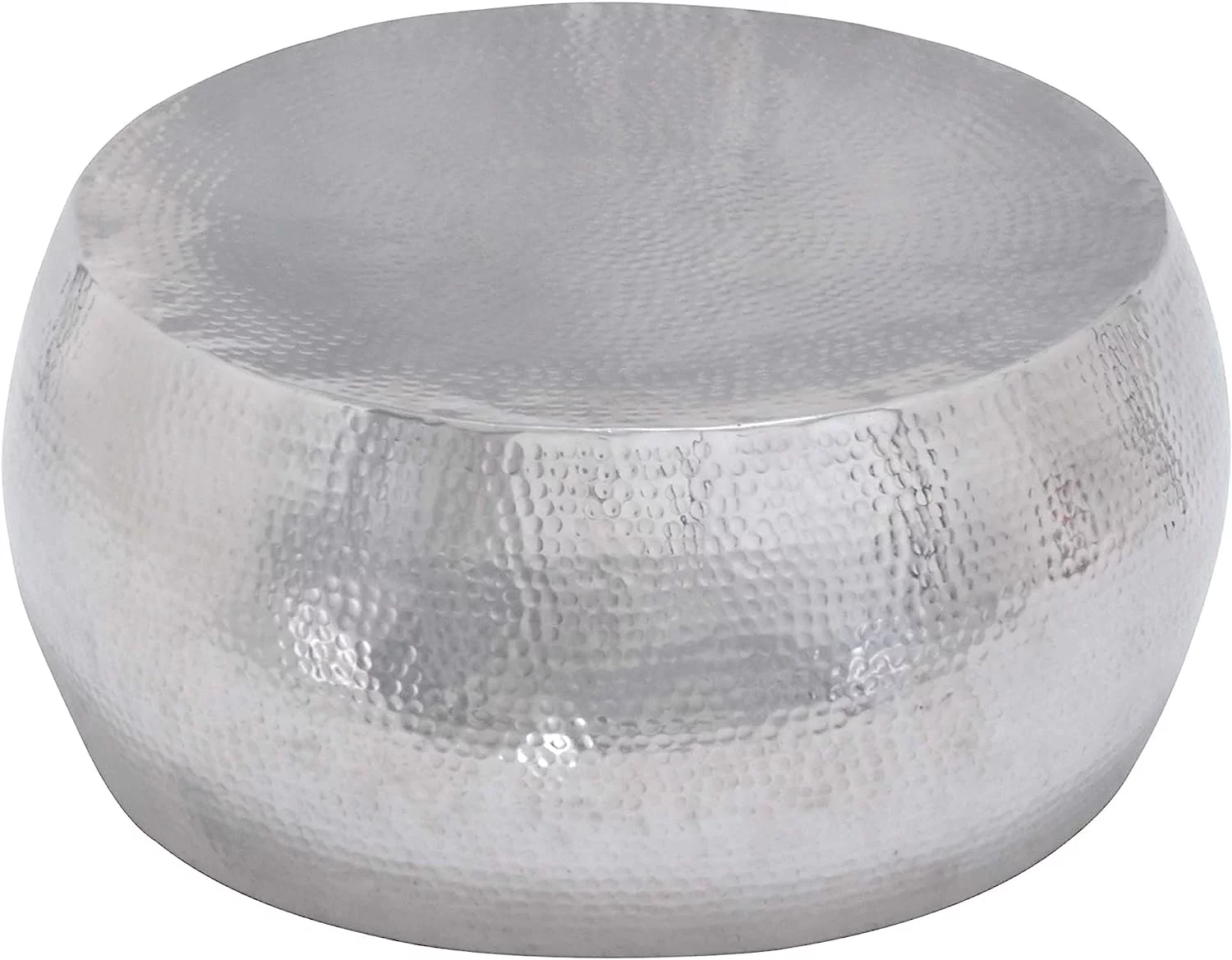 79 Aluminum Drum Shaped Coffee Table with Hammered Design  30" x 30" x 14"  Silver