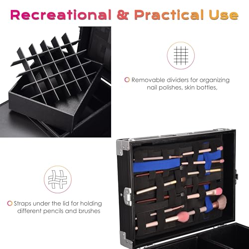BYOOTIQUE Rolling Manicure Table Foldable Nail Table Makeup Train Case Tattoo Station Portable Nail Desk Workstation with 4 Drawers Mirror for Salon Travel, Black