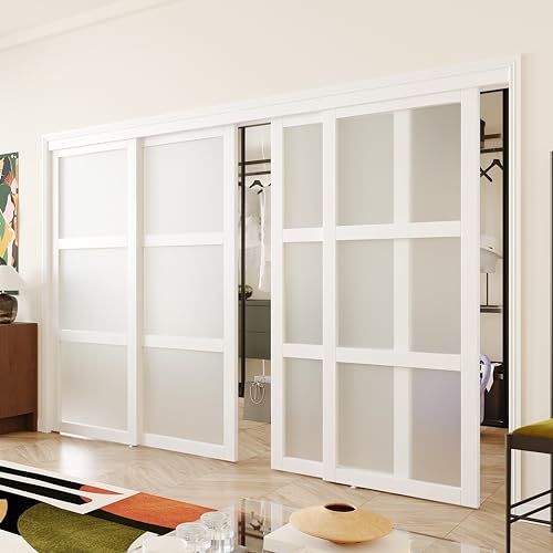Double Sliding Closet Door, 96" × 80"(Double 48" × 80"), Double Frosted 5 Panel Glass Sliding Door, Hardware Include, Pre-Drilled Door Panel Need to Assemble, MDF, White