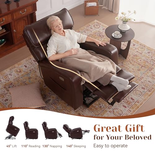 Power Lift Recliner Chair with Adjustable Headrest for Elderly, Electric Recliners with Heat & Massage, USB & Type C Ports, Reclining Single Sofa Chair, Leather