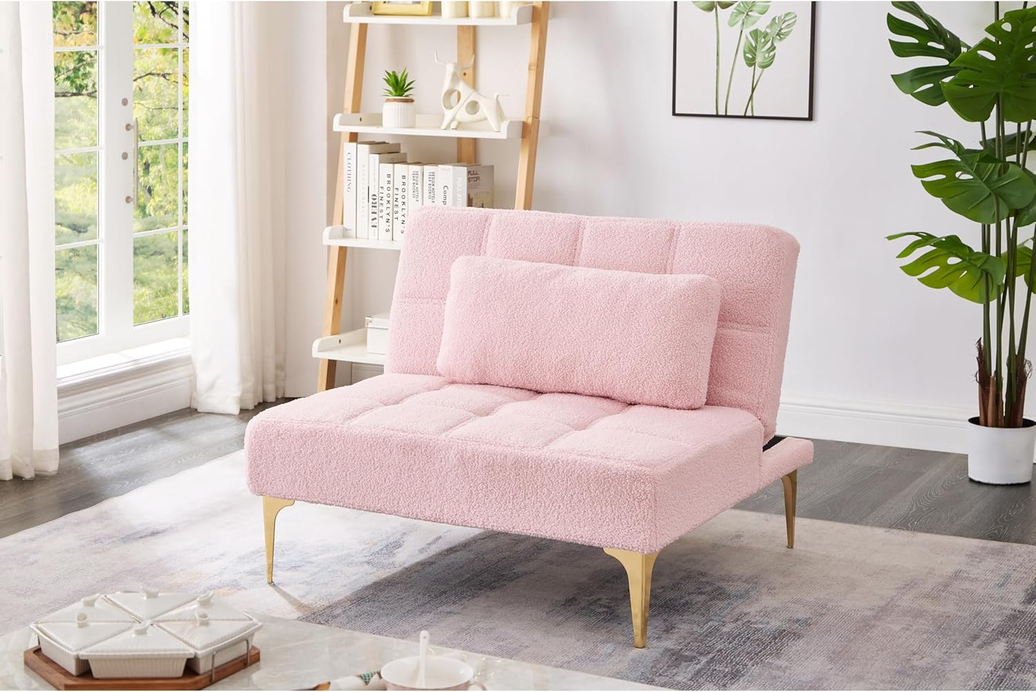 Convertible Single Sofa Bed Futon Fireside Chair Lounger Pink Chevron Lake House Modern Contemporary Solid Felt Wood Down Fill Cushions Manual Recline