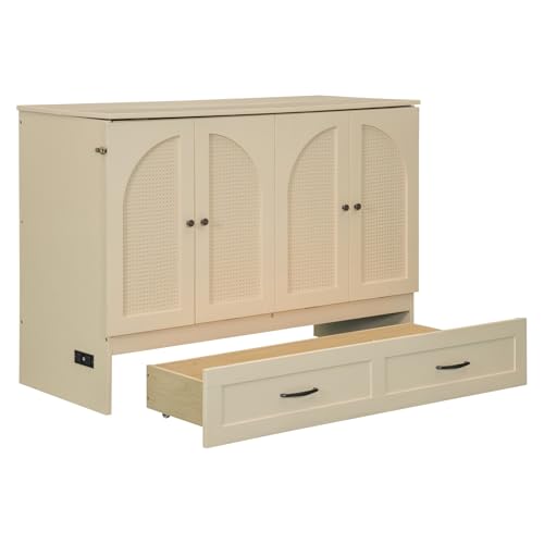 Full Size Murphy Bed Cabinet, Solid Wood Murphy Bed with Charging Station and Large Storage Drawer, Wall Mounted Foldable Platform Bed, Space Saving for Guest Room, Office, Gray