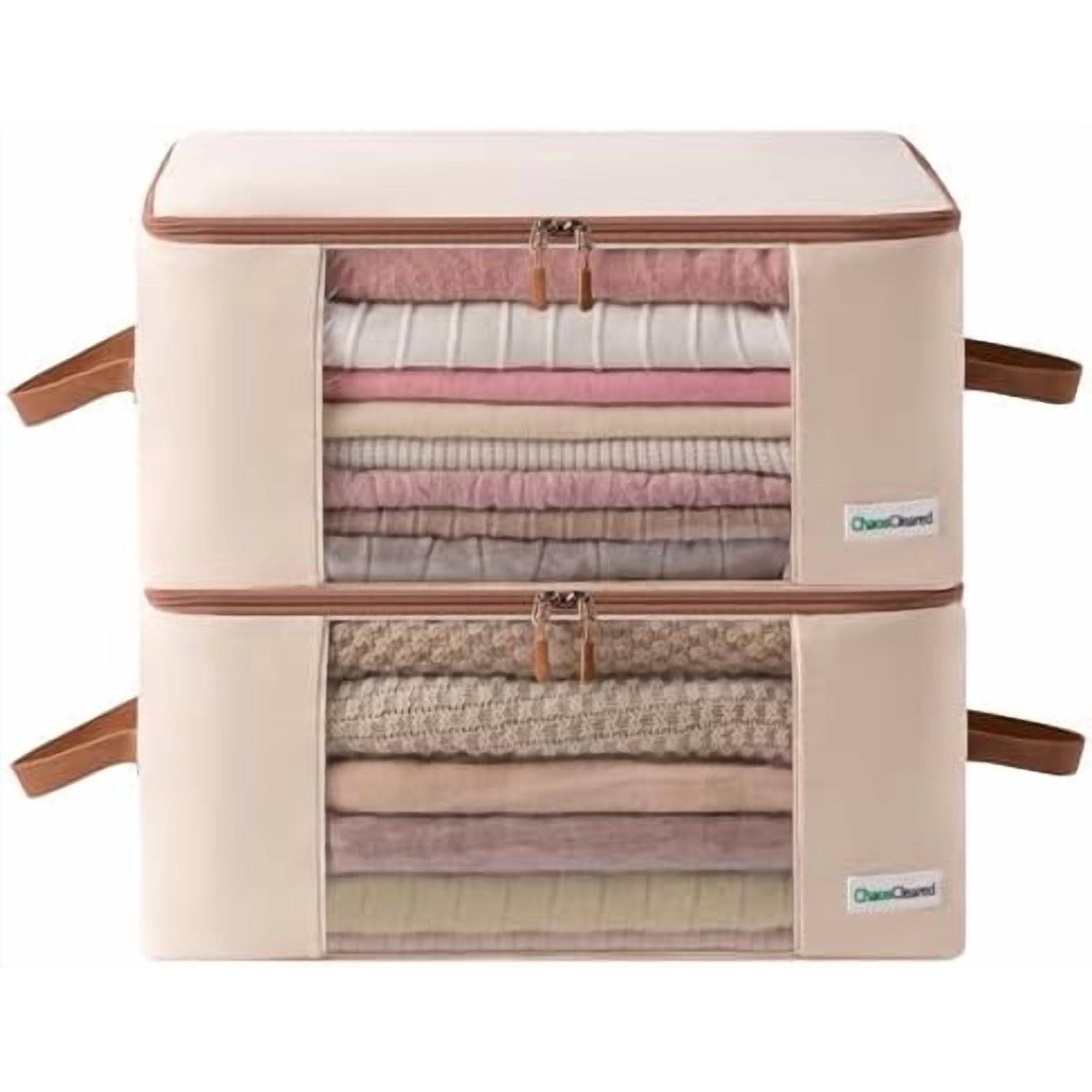 Canvas Clothing Storage 2 Bags Clothes Organizer folding fabric bags for sweaters, clothing, garment, bedding, quilt, linens, large folding organizers with zip &amp; window, mothproof underbed