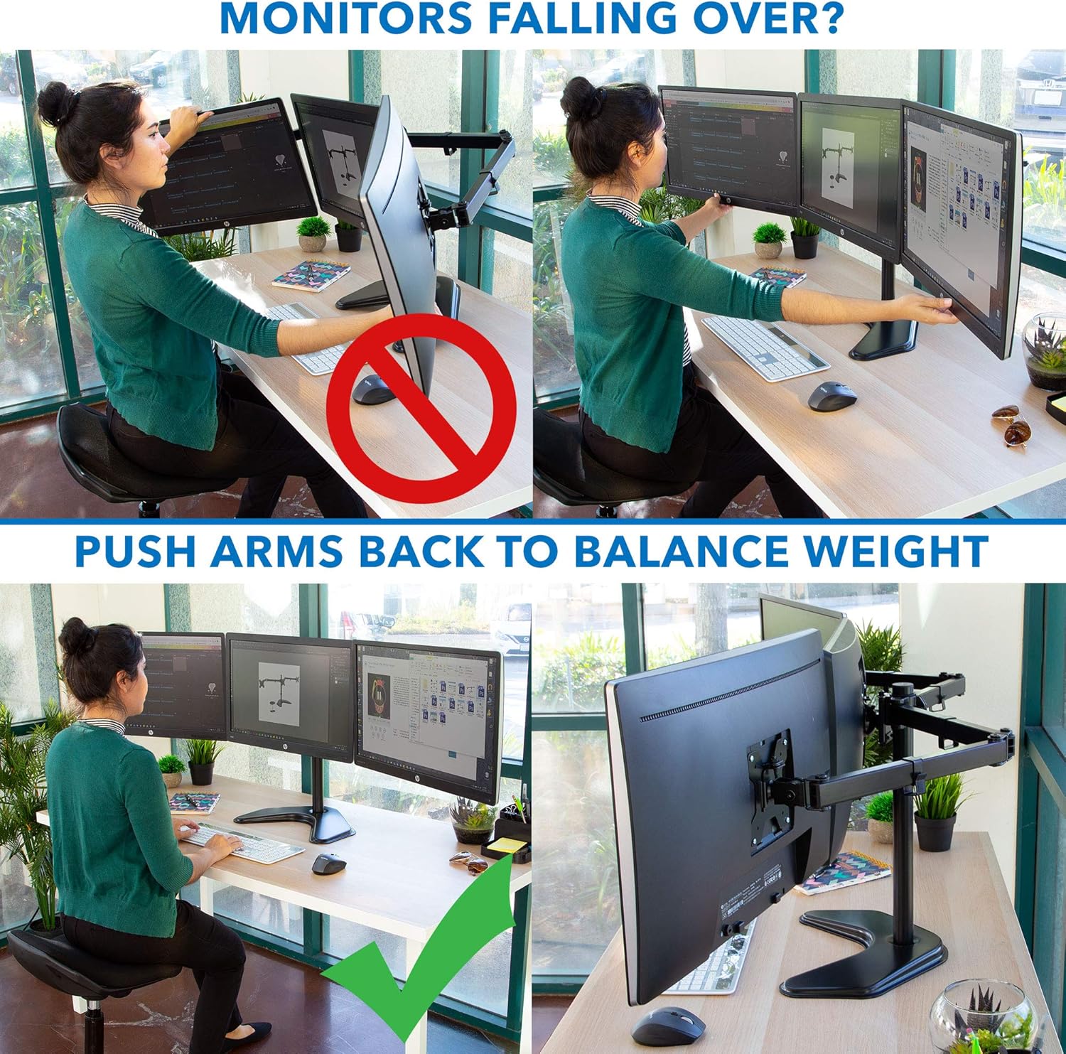 Mount-It! Triple Monitor Stand - Freestanding Computer Desk Mount Fits Up to 27 Inch Monitors, VESA 75, 100 Compatible Pack of 2