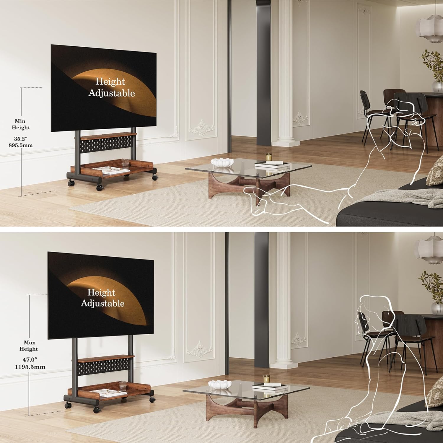 FITUEYES Mobile Stand for 40-85 Inch LCD/LED Flat Curved Screens with Wooden Large Storage and Black Height Adjustable Rolling TV Stand Hold Up to 88 Lbs，Landscape to Portrait Rotating and 40°Swivel