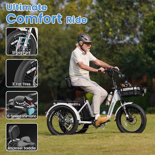 MOONCOOL Electric Trike, Electric Tricycle for Adults, 20" Folding 3 Wheels Electric Bicycle Bikes, 48V 500W/750W Motorized Electric Ebike with Aluminum Frame, Removable Battery and Basket