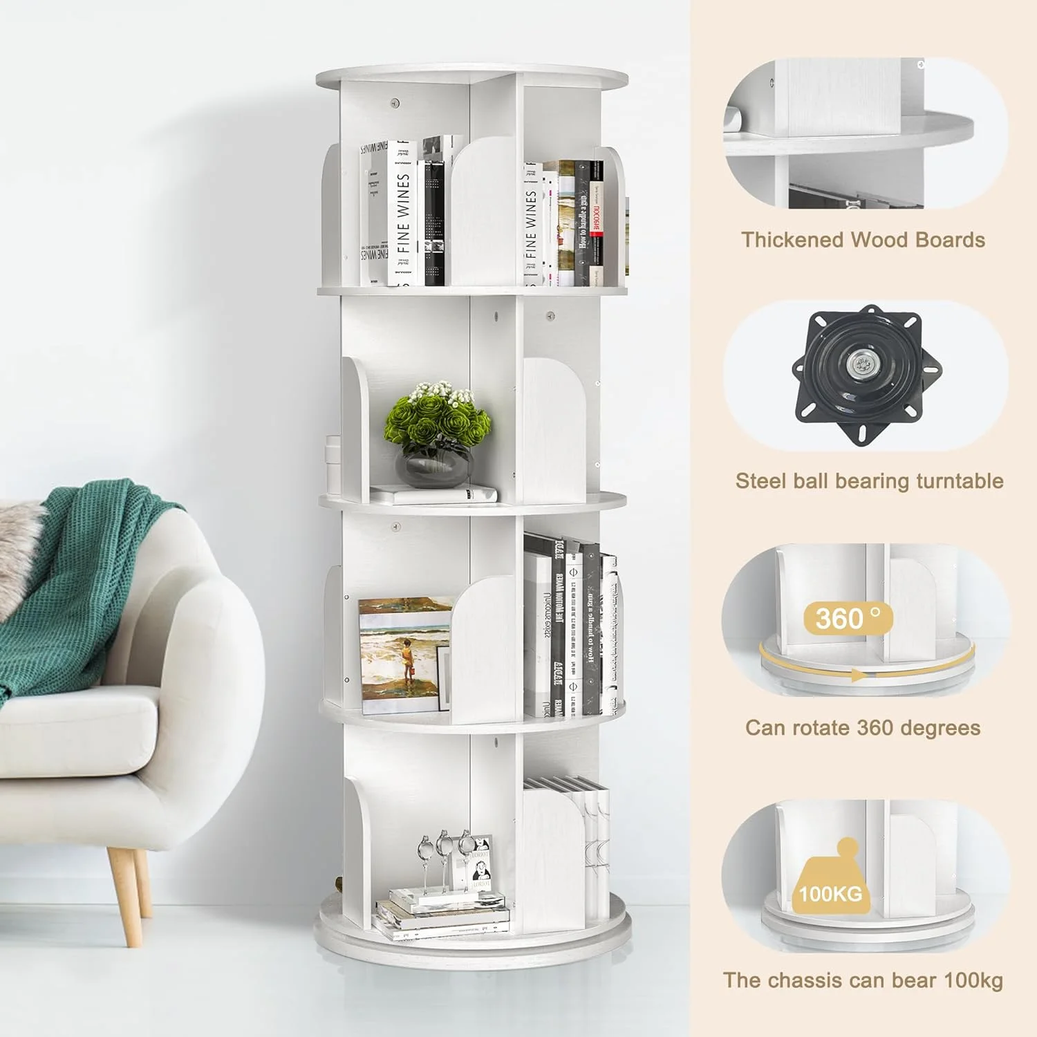 Rotating Bookshelf, Small Bookshelf for Small Space, 360 Display 4 Tier Floor Standing Bookcase Storage Rack, Wood Narrow Book Shelf Organizer for Bedroom, Living Room (White)