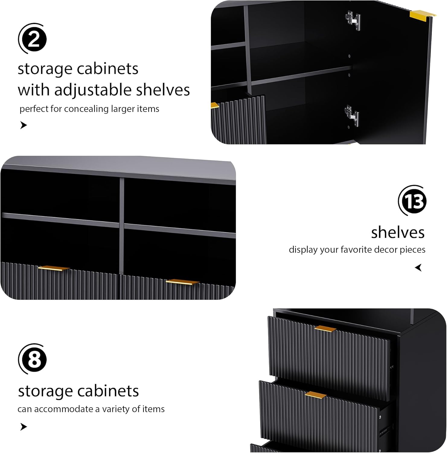 TV Stand with Fluted Line Surface, 4-Piece Entertainment Wall Unit with 13 shelves, 8 Drawers and 2 Cabinets, Modern TV Stand for Living Room, Black