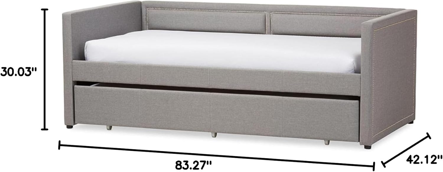 Baxton Studio Raymond Modern and Contemporary Grey Fabric Nail Heads Trimmed Sofa Twin Daybed with Roll-Out Trundle Guest Bed