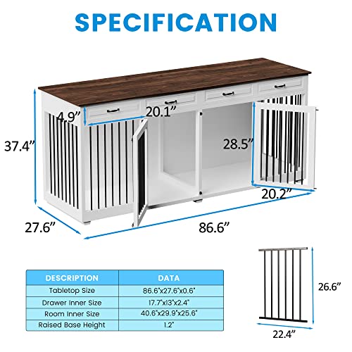 Large Dog Crate Furniture, 86.6 Inch Large Wooden Dog Kennel with Drawers & Divider, Heavy Duty Indoor Furniture Style Dog House with Double Rooms for Large Medium Small Dogs, White