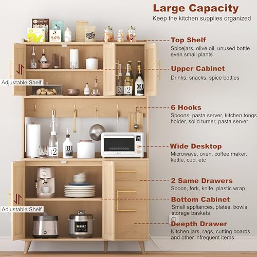 Rovaurx 70.9" Kitchen Pantry Cabinet with Microwave Shelf, Rattan Kitchen Hutch Cabinet with Charging Station, Tall Floor Cupboard Cabinet with Drawers and Doors, Black and Natural KBG002BME