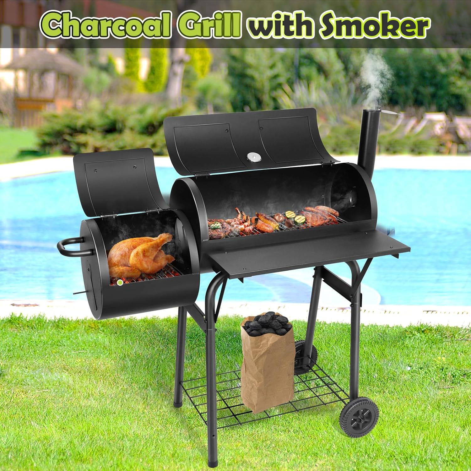 HaSteeL Charcoal Grill with Offset Smoker, Outdoor Barrel BBQ Grill, Camping Barbecue Grill for Patio Backyard Garden Party Picnic, Large 420.SQ.IN Cooking Area, 2 Screwdrivers & 6 Hooks - Black