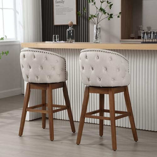 Swivel Bar Stool Set of 2,Modern Linen Counter Stools,29" Swivel Bar Chairs with Wood Base for Kitchen Island,Pub,Cafe（Grey）