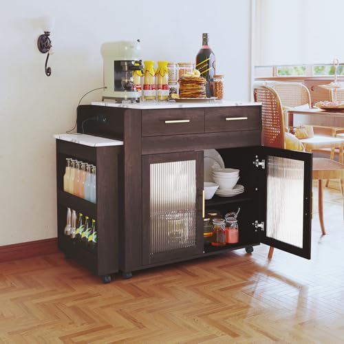HLR Extendable Kitchen Island on Wheels, Rolling Kitchen Island Cart with Power Outlet, Marble Grain Top Kitchen Island Table with Storage Cabinet and Drawers, Island Table for Kitchen