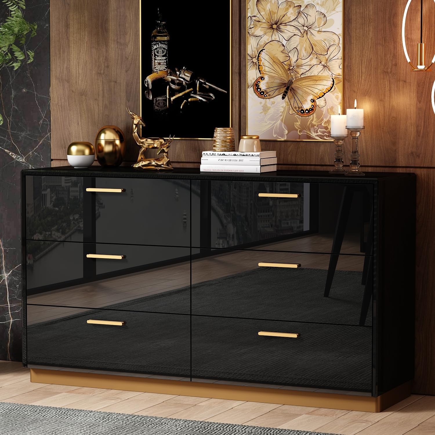 MOUMON High Gloss 6 Drawer Dresser, Modern Contemporary Chest of Drawers with Glossy Finish, Double Dresser with 6 Drawers, Champagne Gold Handles, 15.7”D x 55.1”W x 31.5”H, Black