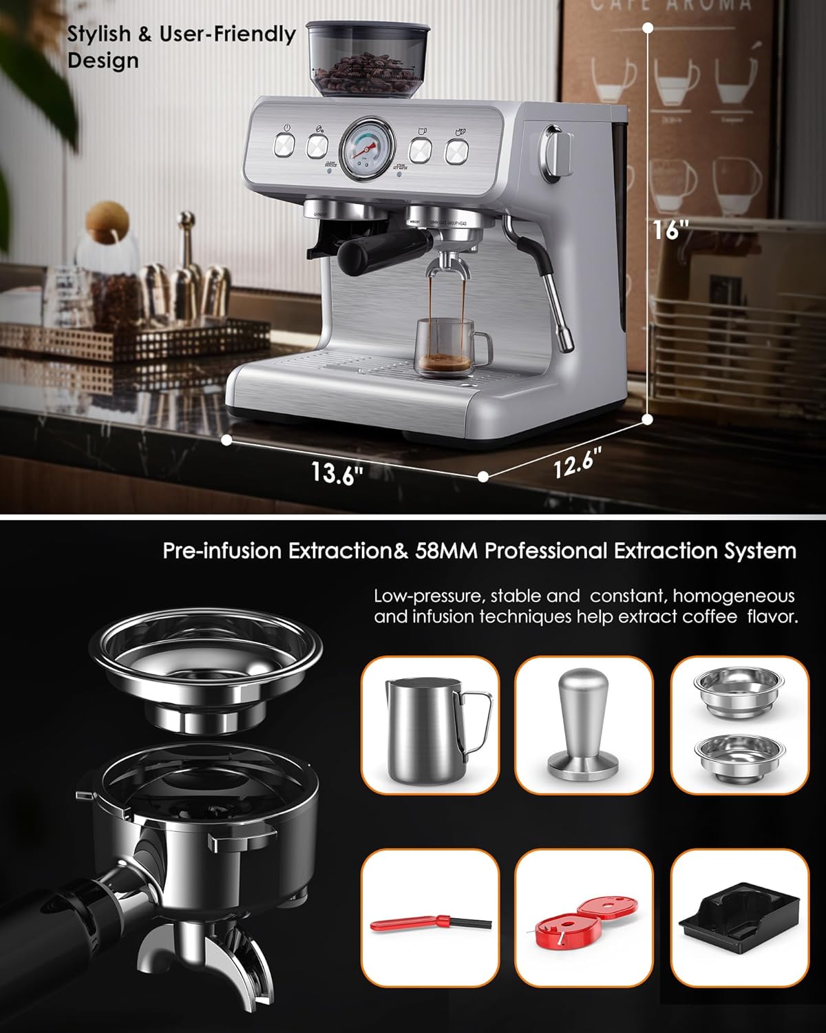 Joy Pebble Espresso Machine,15 Bar Professional Espresso Maker with Coffee Bean Grinder Milk Frother,Coffee Machine for Espresso/Cappuccino/Latte,Single & Double Cup,Stainless Steel