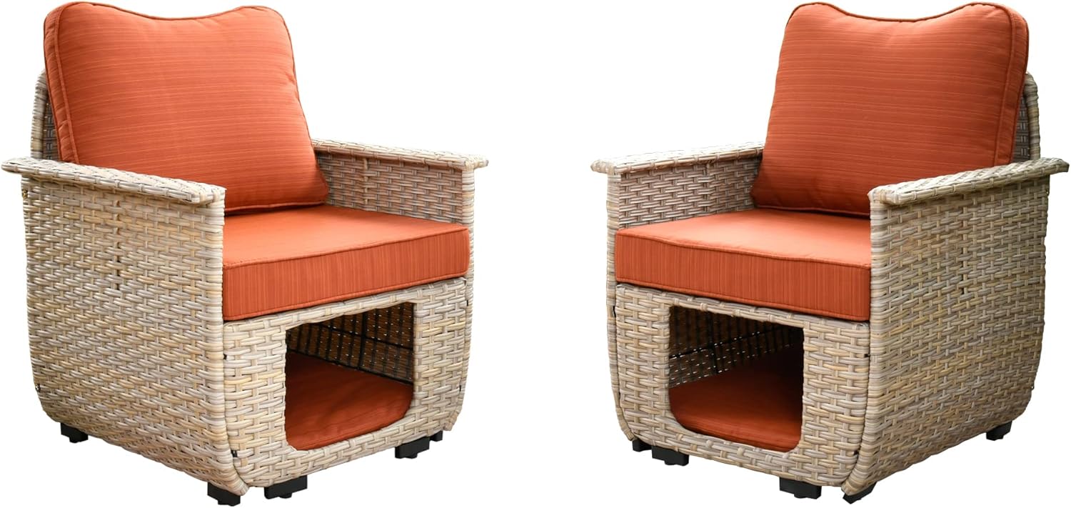 ovios Patio Chair Set Outdoor Furniture Conversation Sets with Pet House Wicker Rattan Sofa Patio Bistro Set High Back Chairs for Porch Deck Backyard (Beige Wicker-Orange Red)
