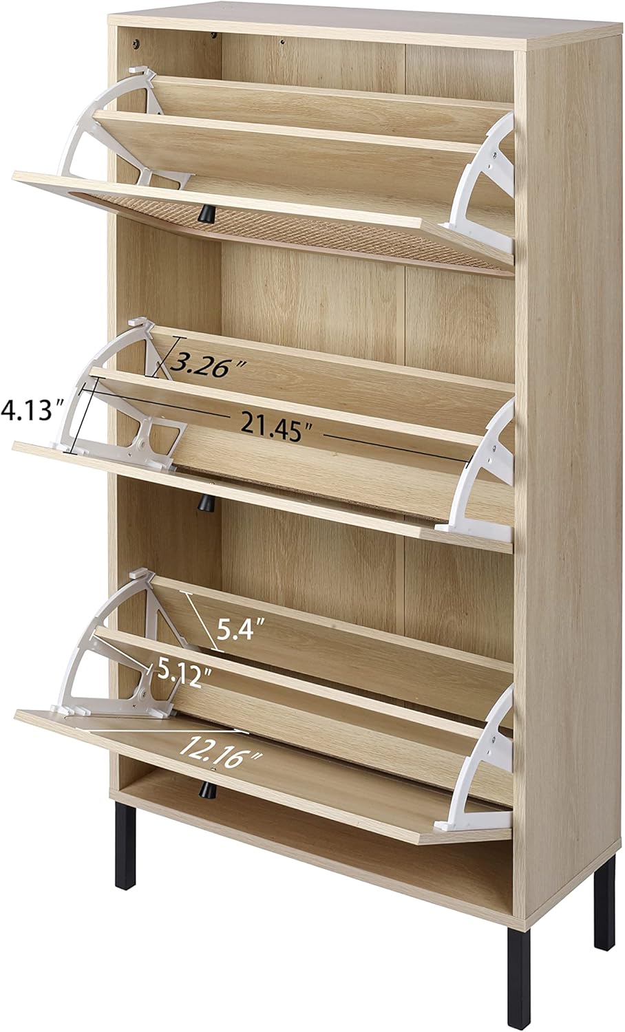Natural Rattan 3, Freestanding, Modern Entryway Storage Cabinet Slim, Shoe Rack for Front Door Entrance, White+Walnut