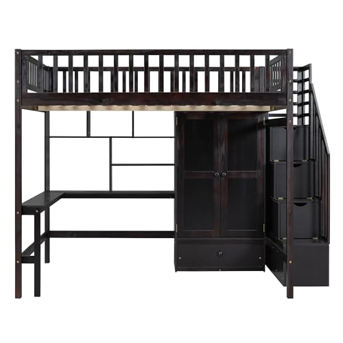 Full Size Loft Bed with Wardrobe Desk Storage Stairs, Wood Loft Bed Frame with Bookcase and Drawers, High Loft Bedframe for Kids Teens Adults, No Box Spring Needed, Espresso