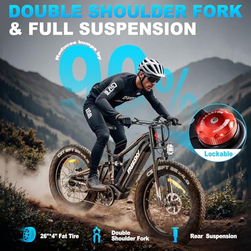 FREESKY 2000W Electric Bike with BAFANG Motor & 48V 30Ah Samsung Cells Battery, 35MPH Max Speed, 120 Miles Range, Full Suspension Mountain Ebike for Adult, 26" Fat Tires, Smart Keys, Hydraulic Brakes
