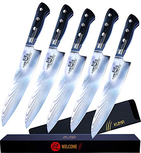 KUMA Professional Damascus Knife - 8 Inch Japanese Chef Knife, AUS10 Core - Corrosion And Stain Resistant - G10 Handle & Sheath Made Of Hardened Carbon steel