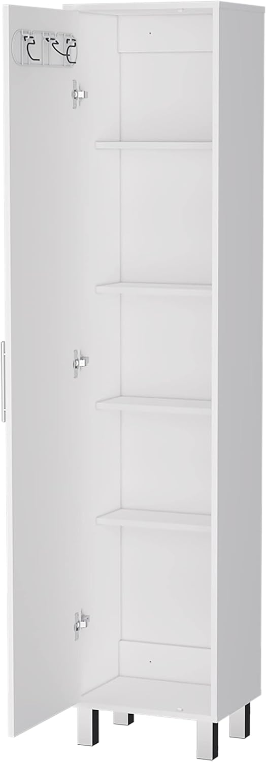 Lawen Tall Storage Cabinet, Single Door, 3 Broom Hangers,White -Kitchen